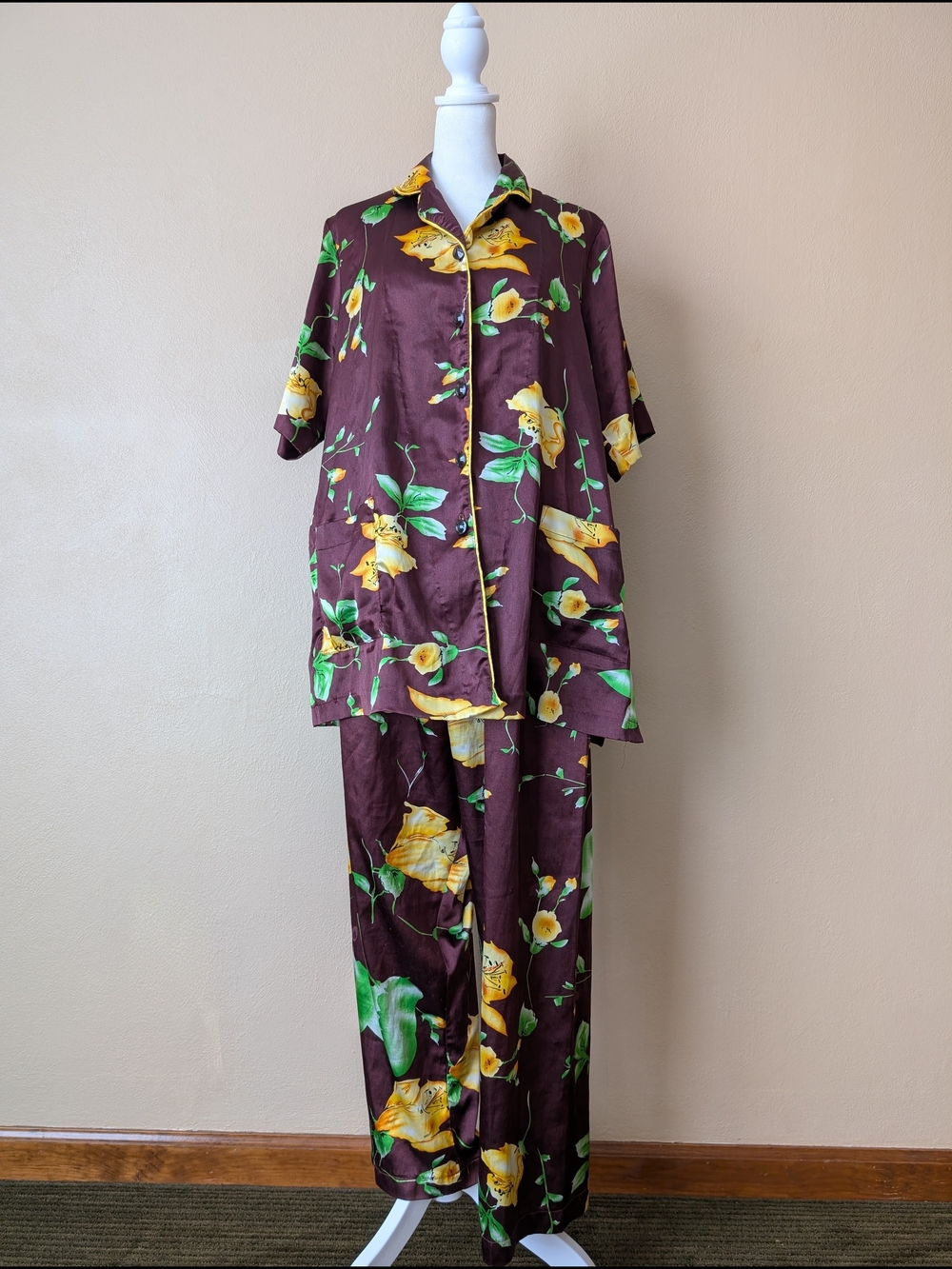 100% Italian Silk Floral Pajama Set L/XL Lounge Sleepwear